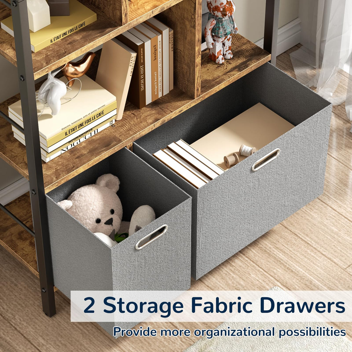 5 Tier Rustic Brown Bookshelf with Drawers Q894
