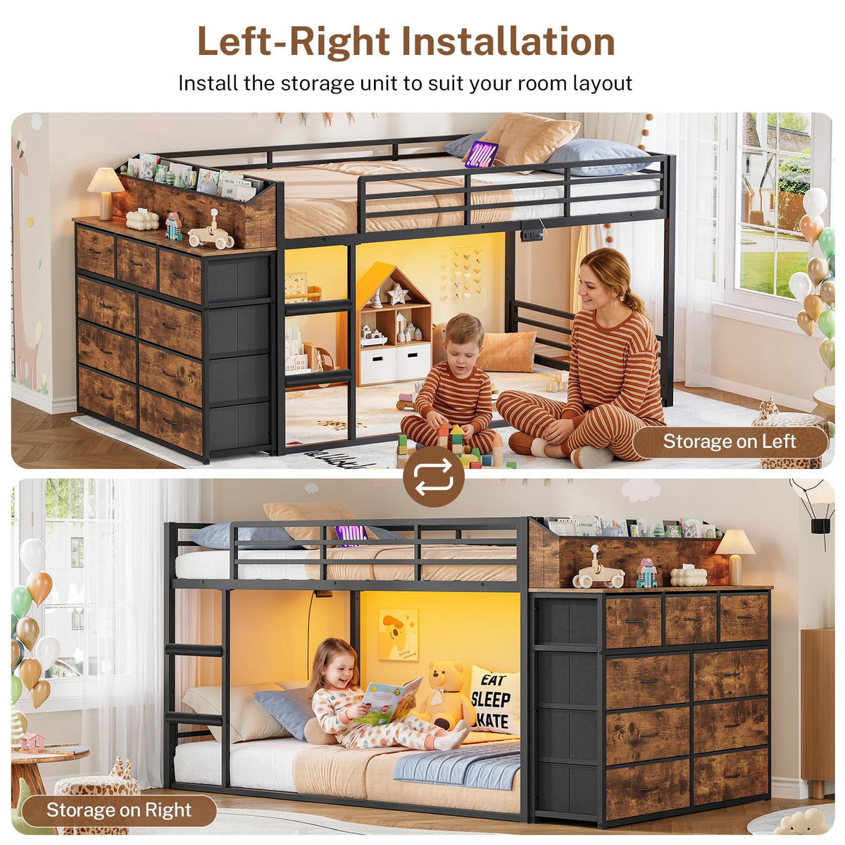 Twin Over Twin Metal Bunk Bed with Storage & LED Lights N248