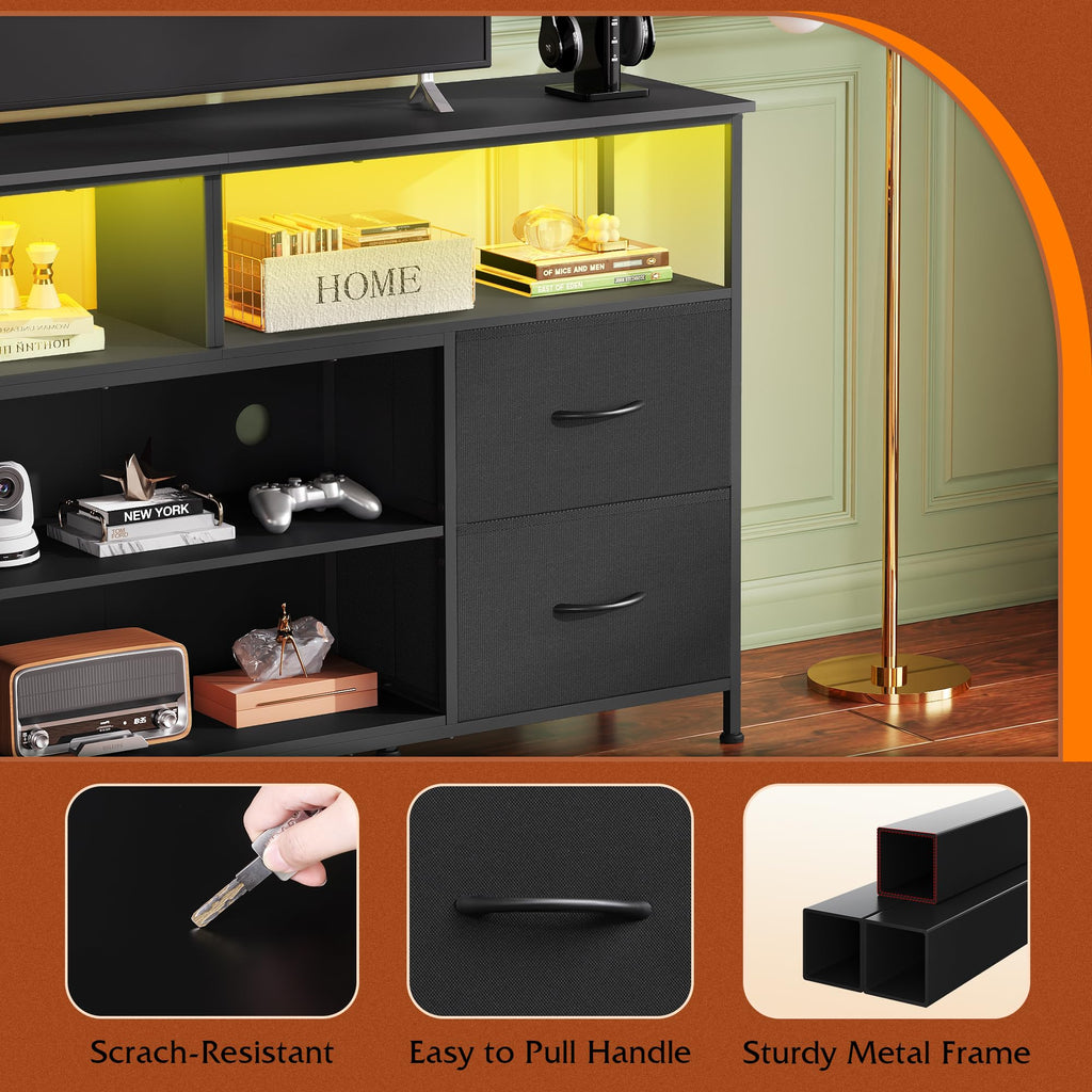 Black TV Stand Dresser with LED Lights and Fabric Drawers U32263