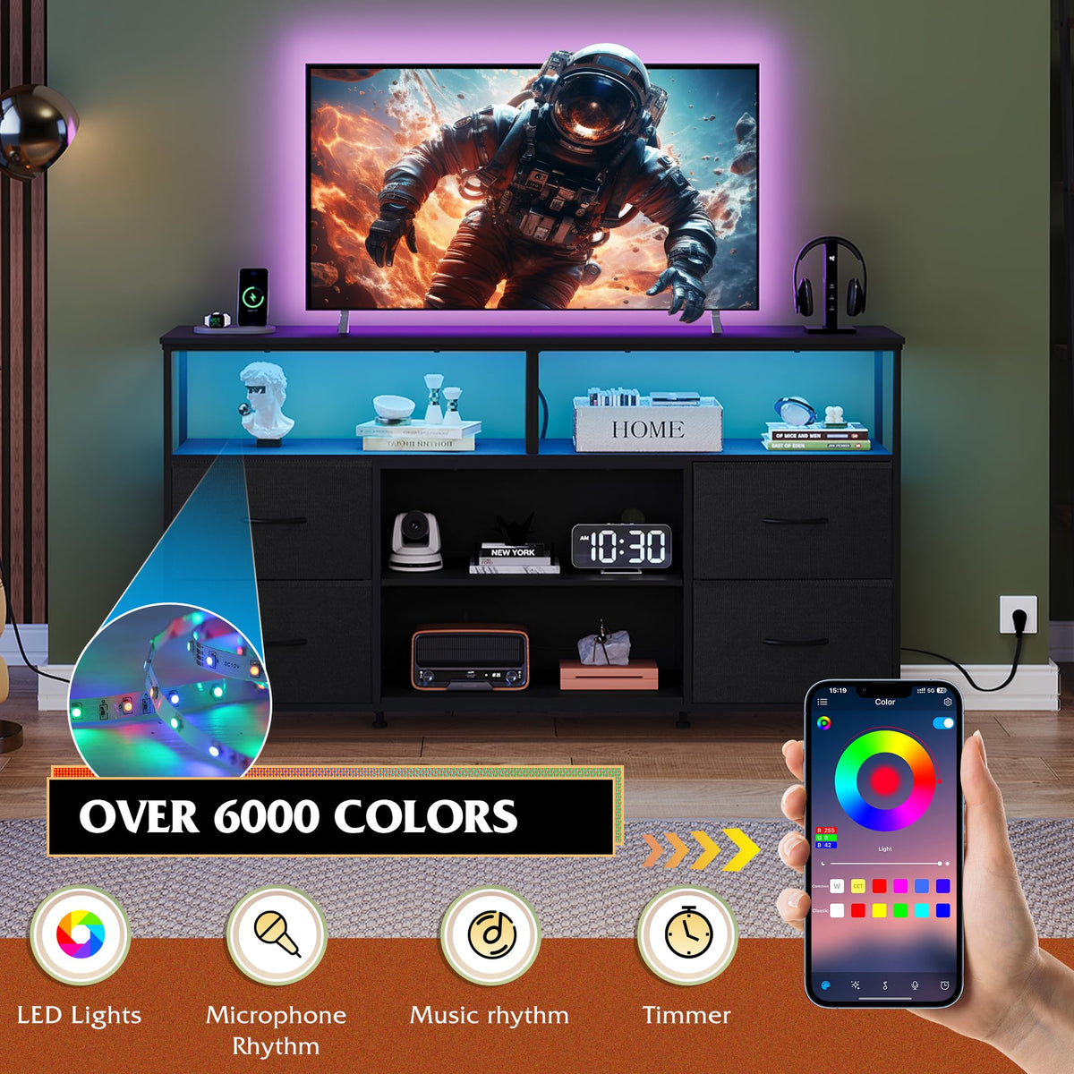 Black TV Stand Dresser with LED Lights and Fabric Drawers U32263