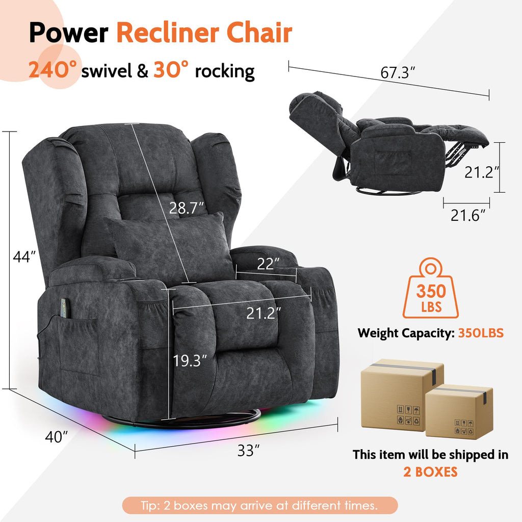 Velvet Gray Power Swivel Rocker Recliner Chair with Massage & Heat J178652