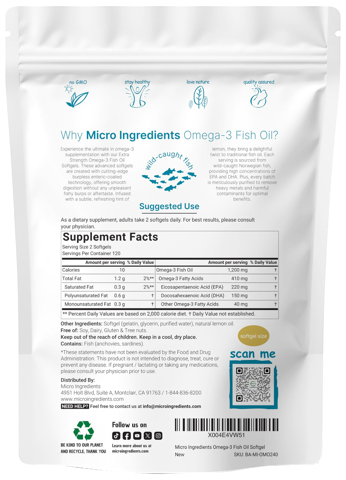 Omega 3 Fish Oil 1,200mg 240 Softgels Lemon Flavored Burpless EPA DHA A57919