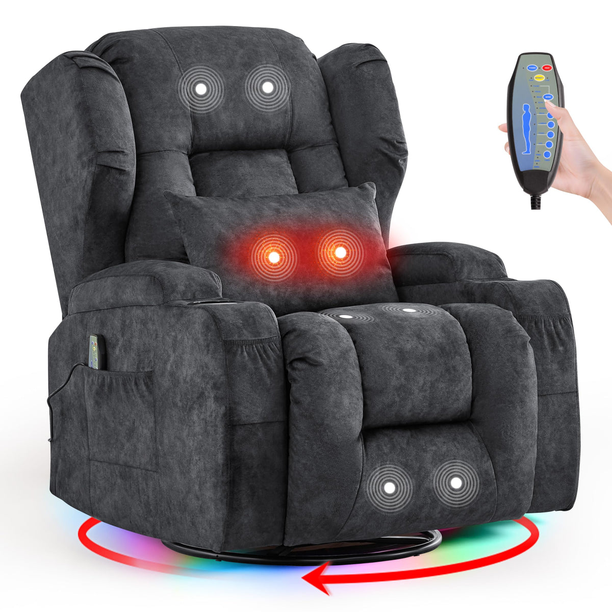 Velvet Gray Power Swivel Rocker Recliner Chair with Massage & Heat J178652