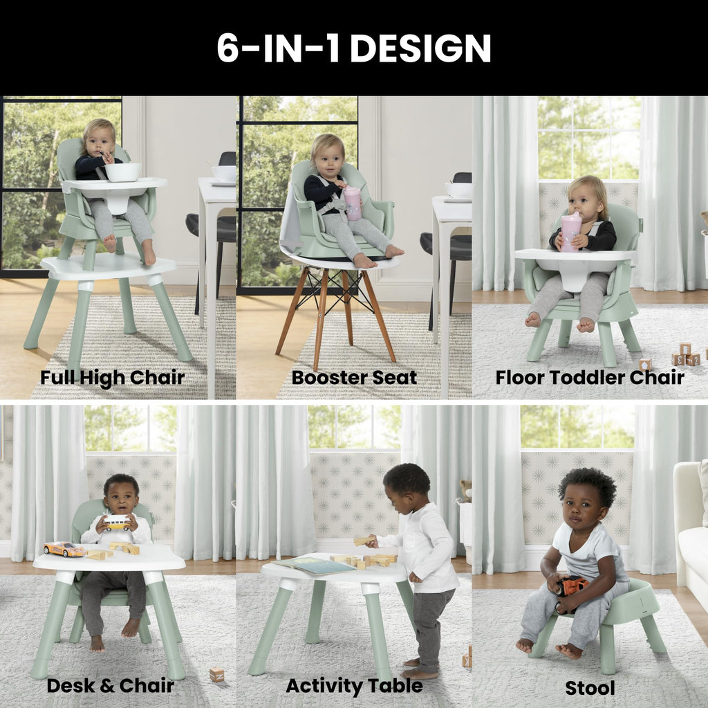 6-in-1 High Chair Converts to Stool Booster Seat Toddler Chair Activity Table and Desk and Chair Sage Green J144