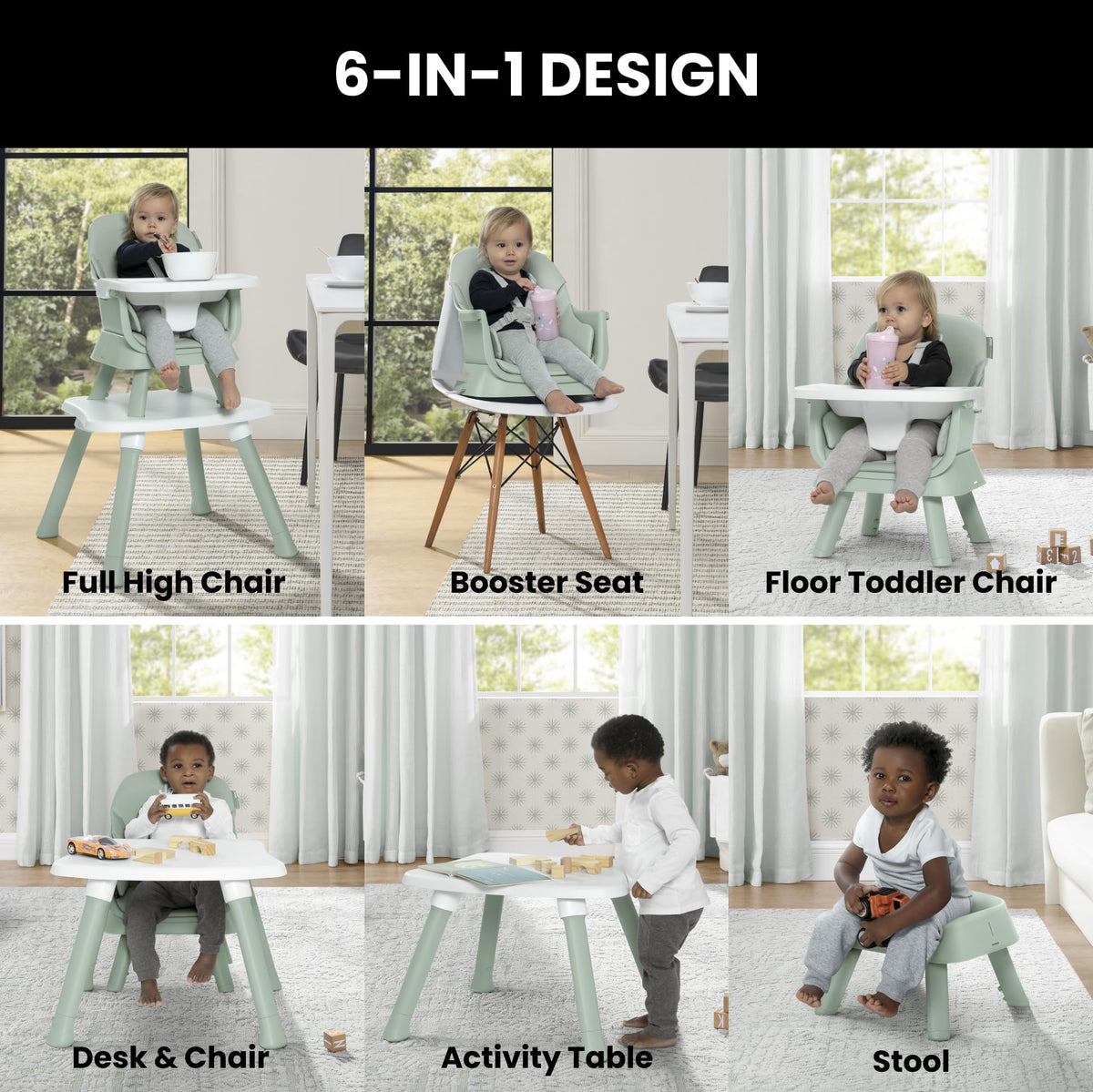 6-in-1 High Chair Converts to Stool Booster Seat Toddler Chair Activity Table and Desk and Chair Sage Green J144