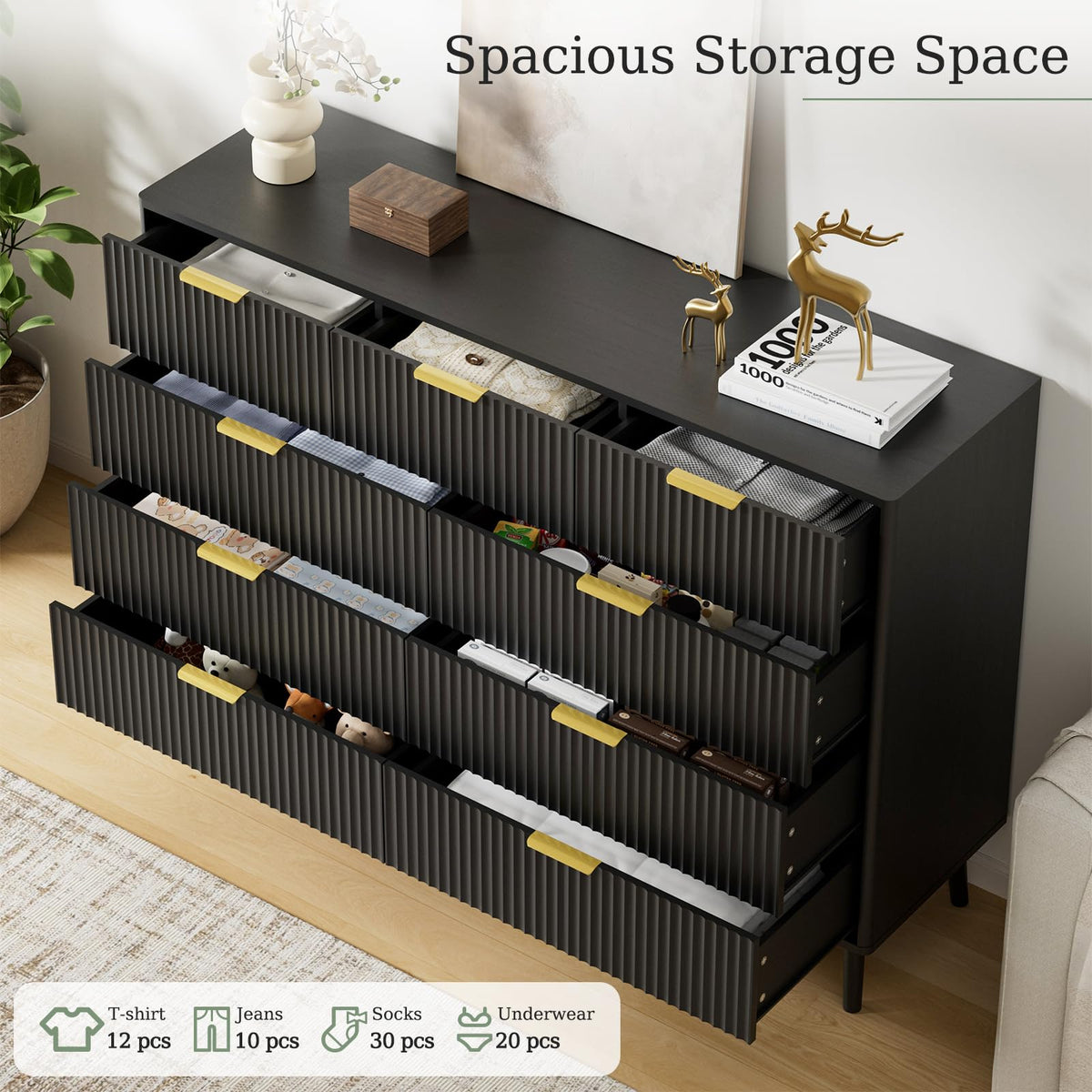Black 9 Drawer Fluted Wood Dresser N273970