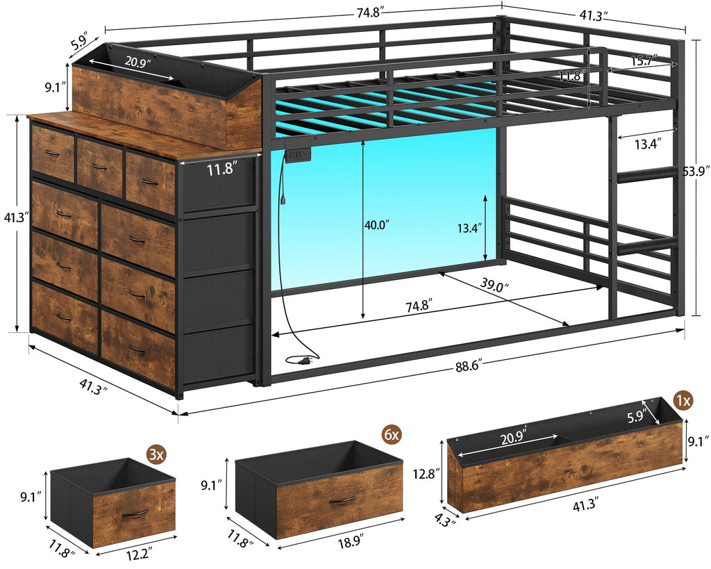 Twin Over Twin Metal Bunk Bed with Storage & LED Lights N248