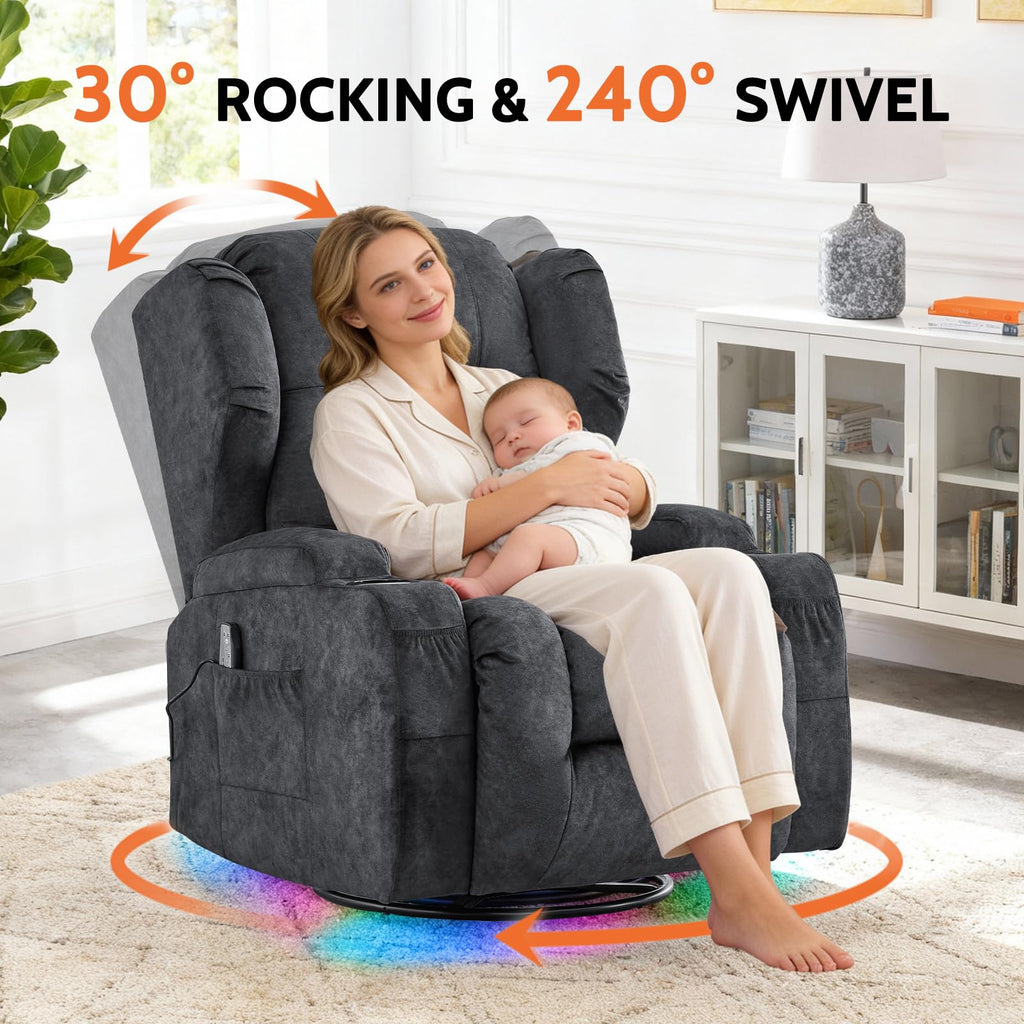 Velvet Gray Power Swivel Rocker Recliner Chair with Massage & Heat J178652