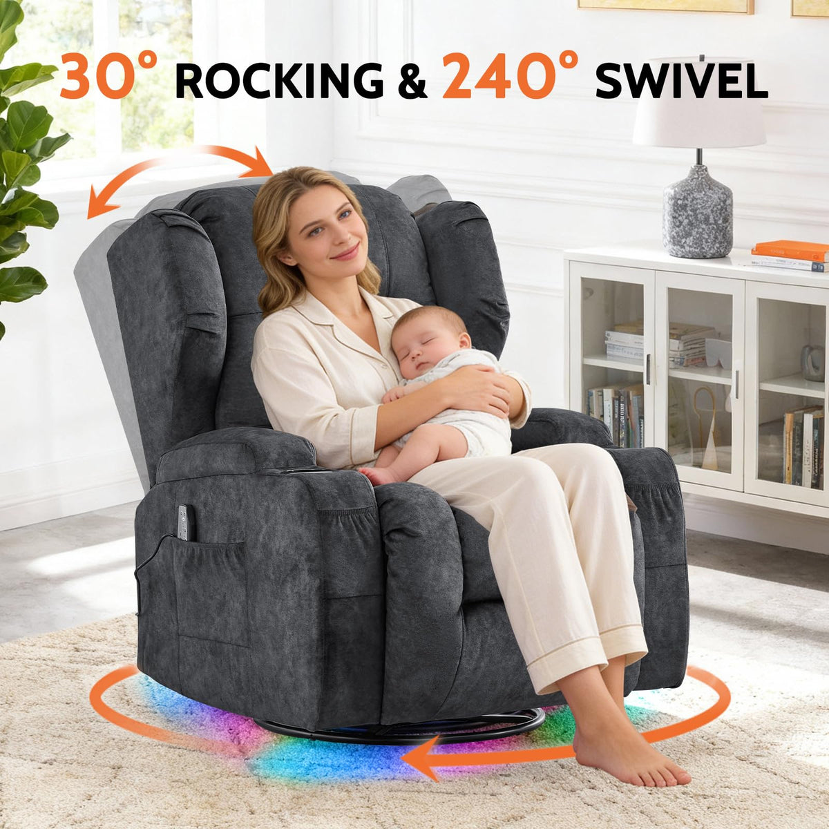 Velvet Gray Power Swivel Rocker Recliner Chair with Massage & Heat J178652