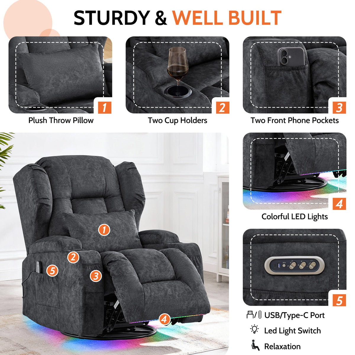 Velvet Gray Power Swivel Rocker Recliner Chair with Massage & Heat J178652