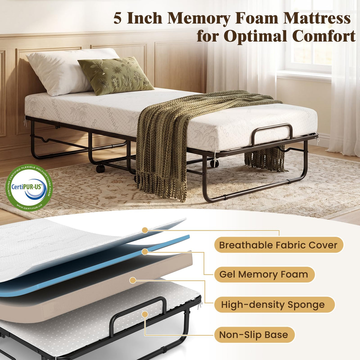 Folding Bed with 5-Inch Mattress, Twin Size Foldable Guest Bed with Metal Frame N795