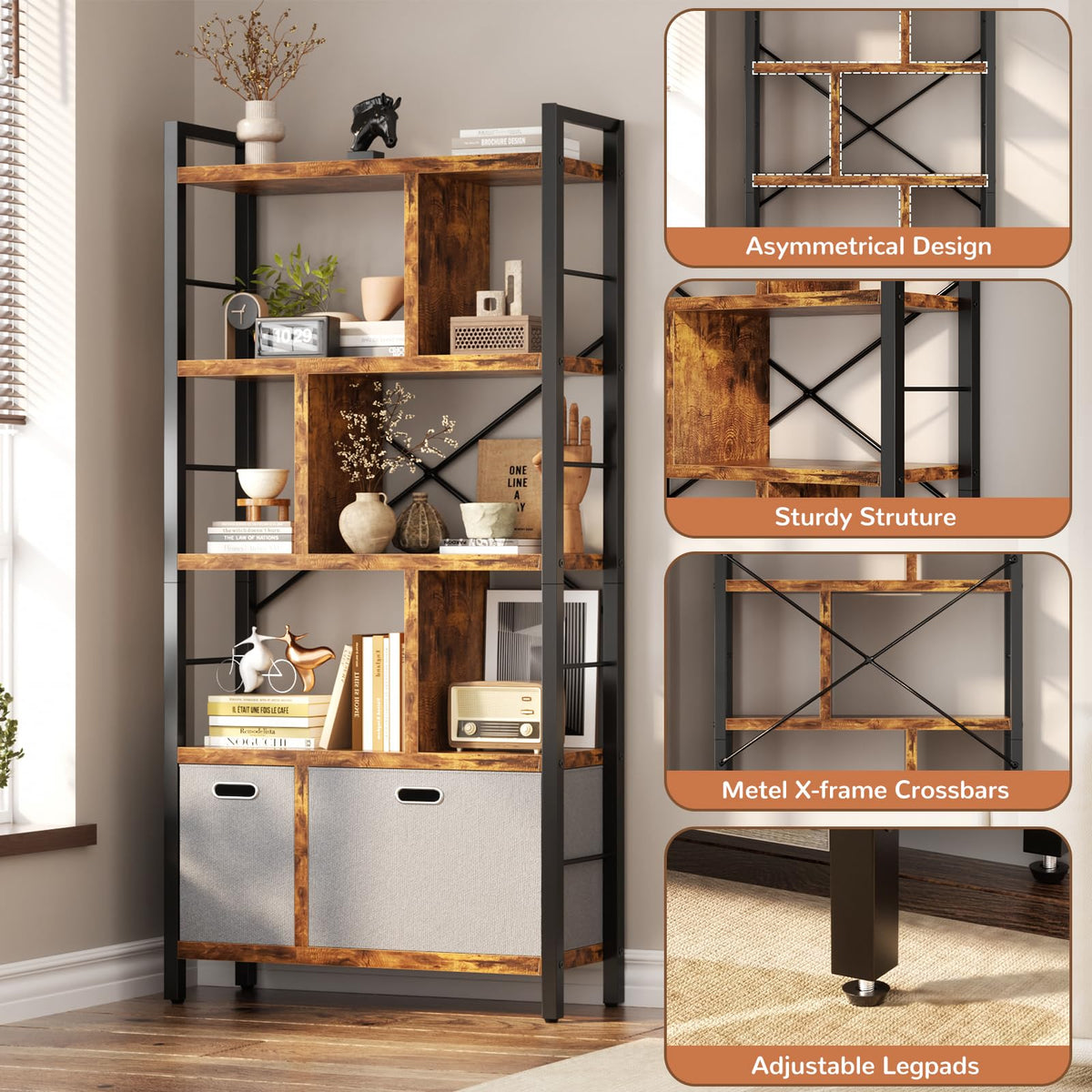 5 Tier Rustic Brown Bookshelf with Drawers Q894