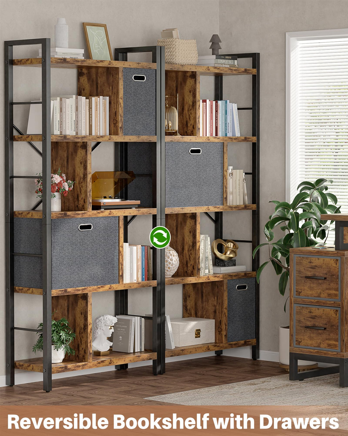 5 Tier Rustic Brown Bookshelf with Drawers Q894