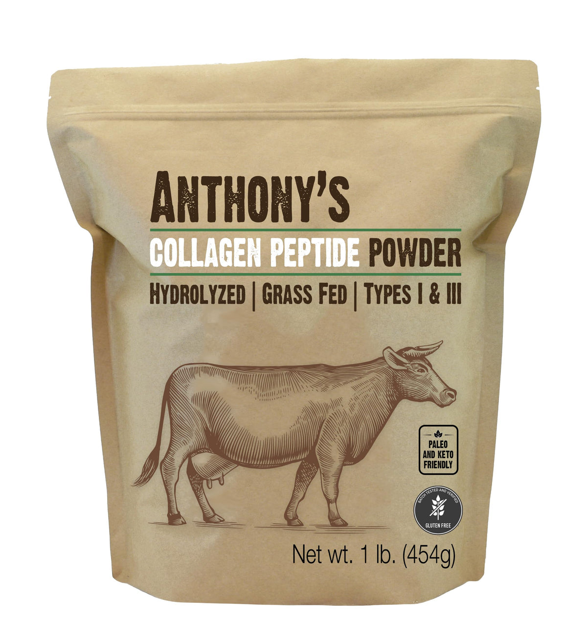 Collagen Peptide Powder, 1 lb, Hydrolyzed, Gluten Free, Grass Fed, Unflavored C733000