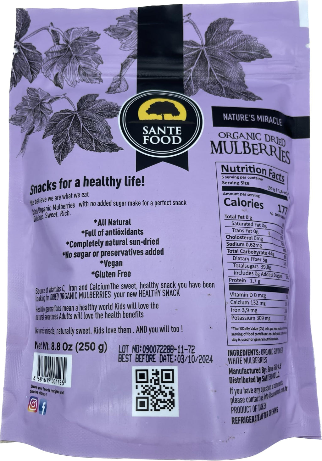 USDA Organic Sun Dried White Mulberries 8.8 Oz Z5104