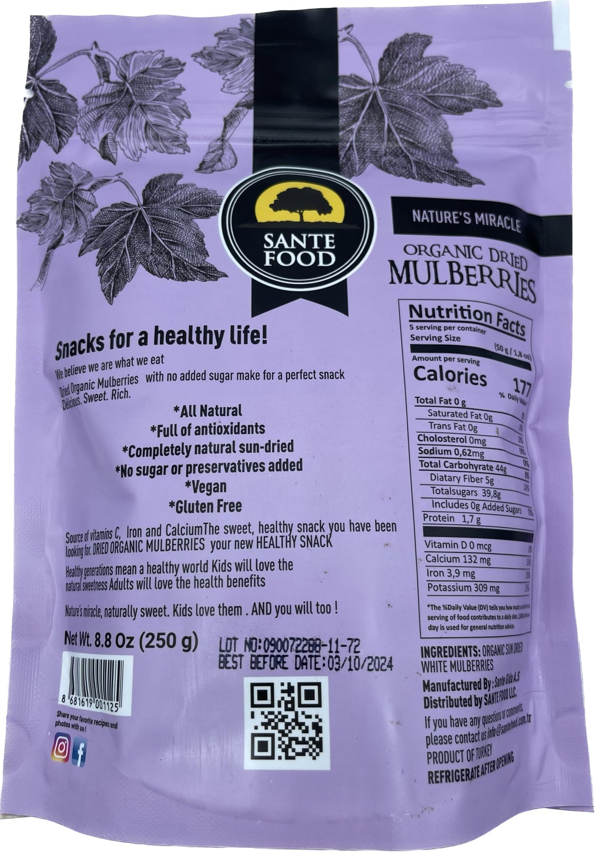 USDA Organic Sun Dried White Mulberries 8.8 Oz Z5104