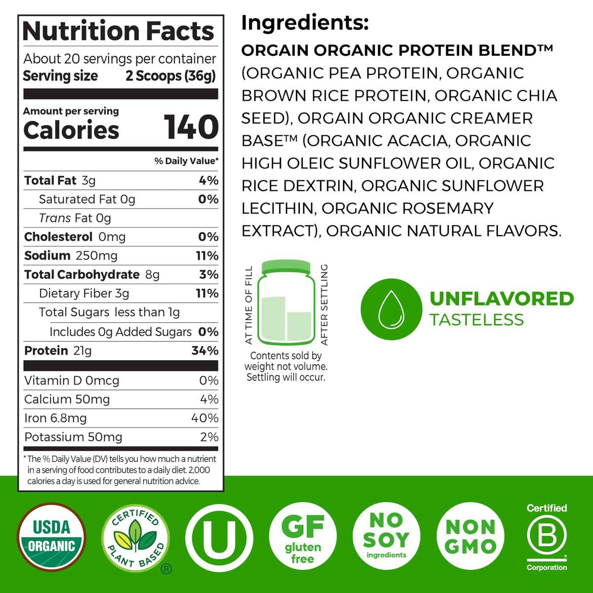 Organic Vegan Protein Powder, Natural Unsweetened, 1.59 lb S724311