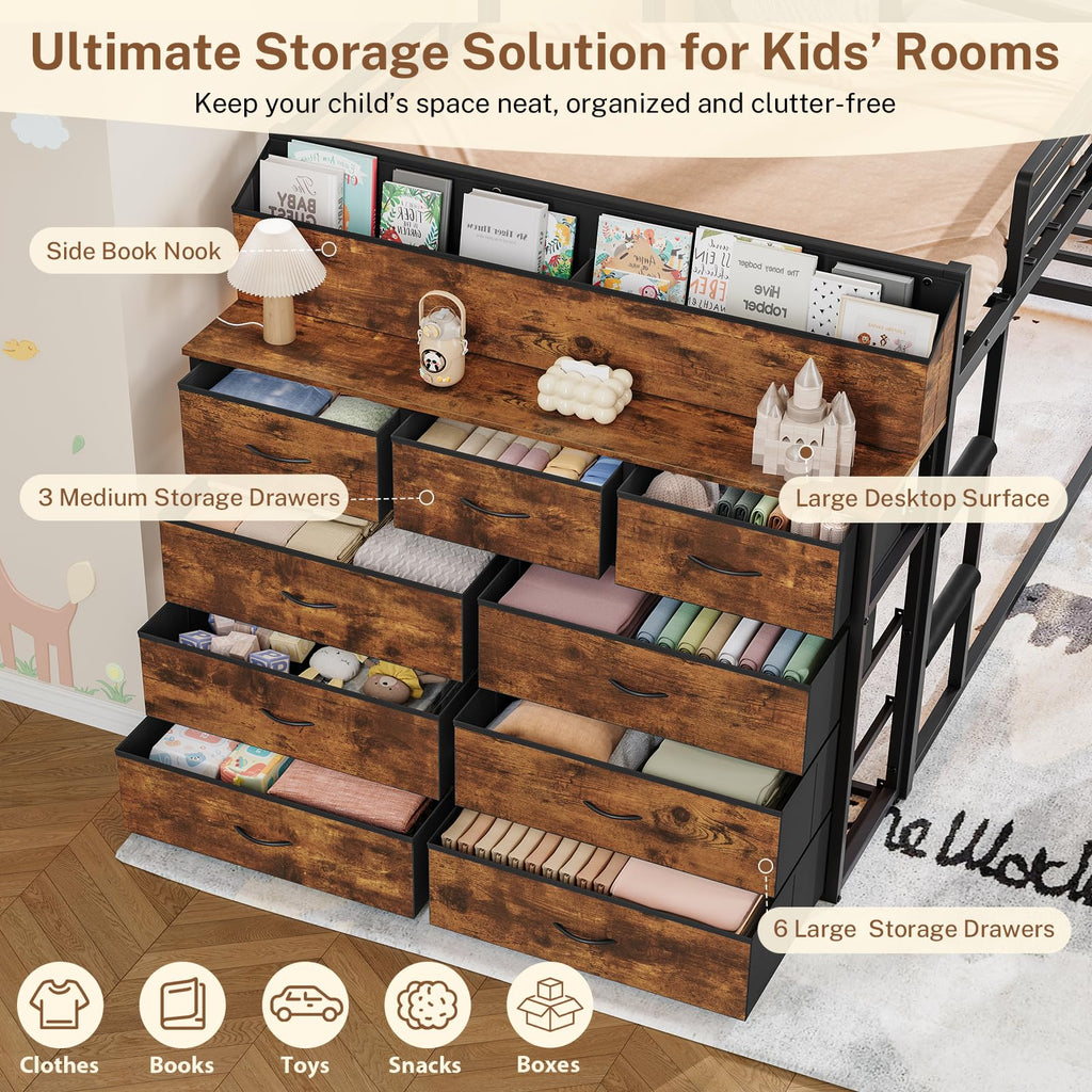 Twin Over Twin Metal Bunk Bed with Storage & LED Lights N248