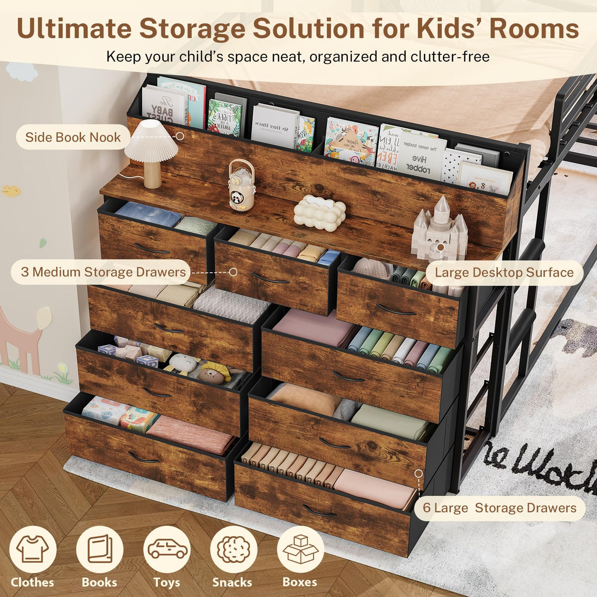 Twin Over Twin Metal Bunk Bed with Storage & LED Lights N248