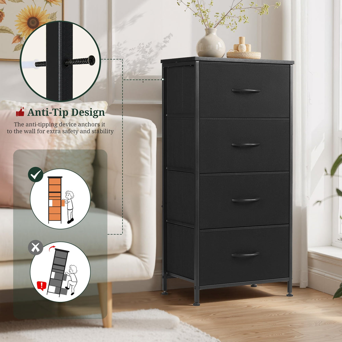 4 Drawer Fabric Storage Dresser with Wooden Top M548