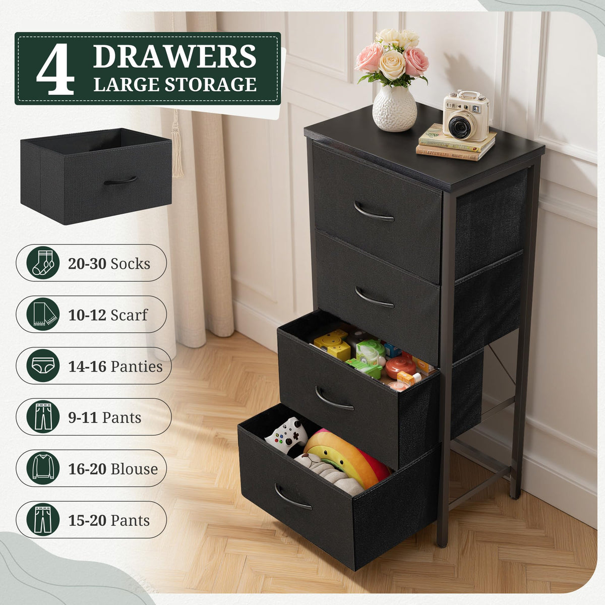 4 Drawer Fabric Storage Dresser with Wooden Top M548