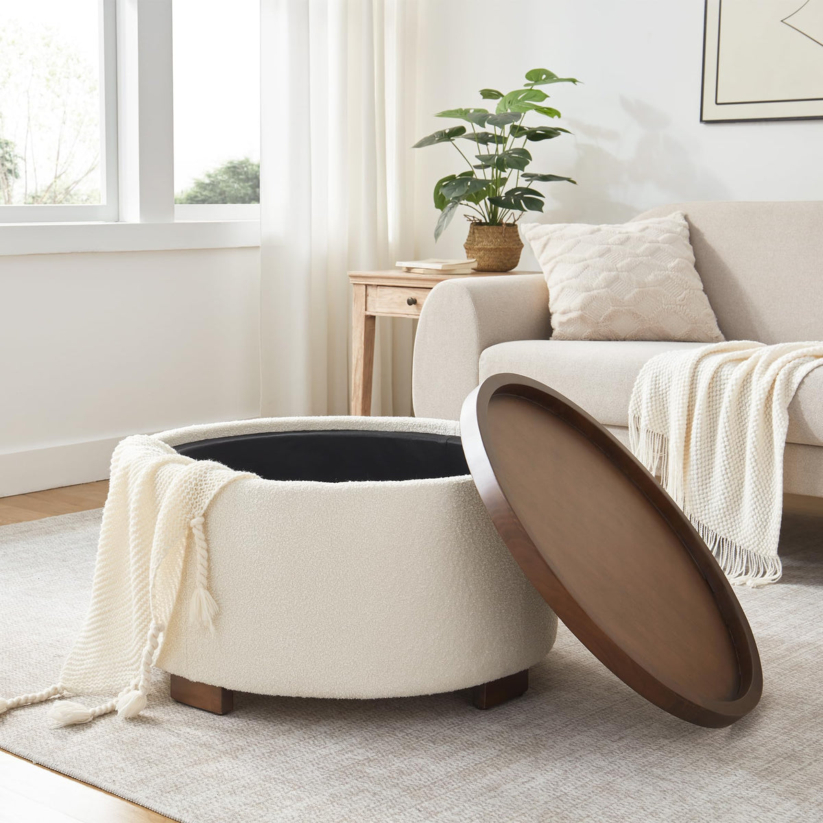 30 Inch Round Boucle Storage Ottoman P401154