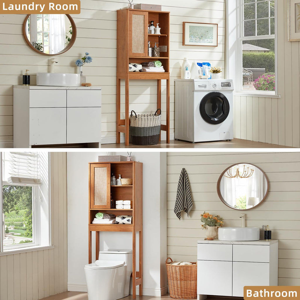 68" Over the Toilet Storage Cabinet with Rattan Sliding Door Y301