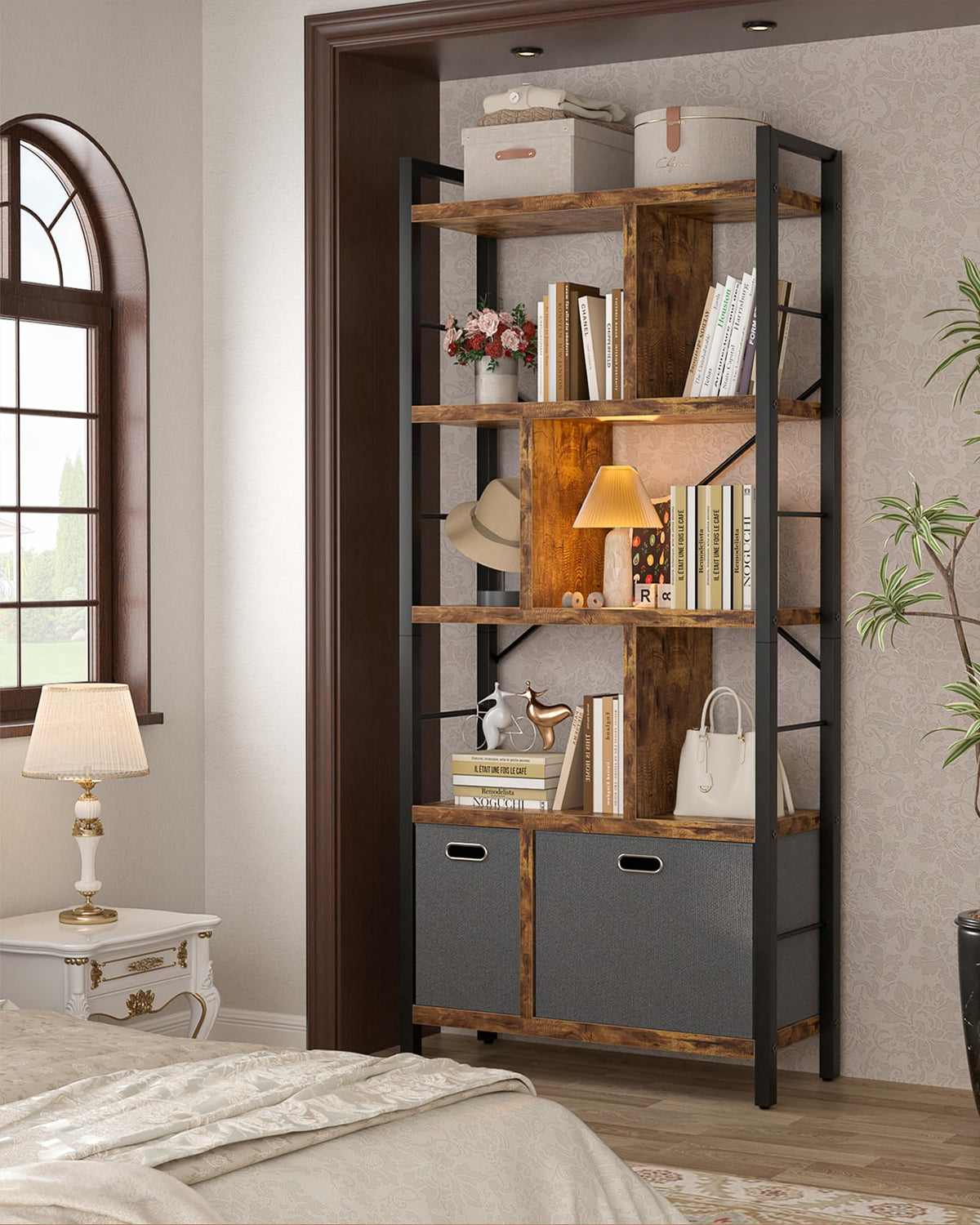 5 Tier Rustic Brown Bookshelf with Drawers Q894