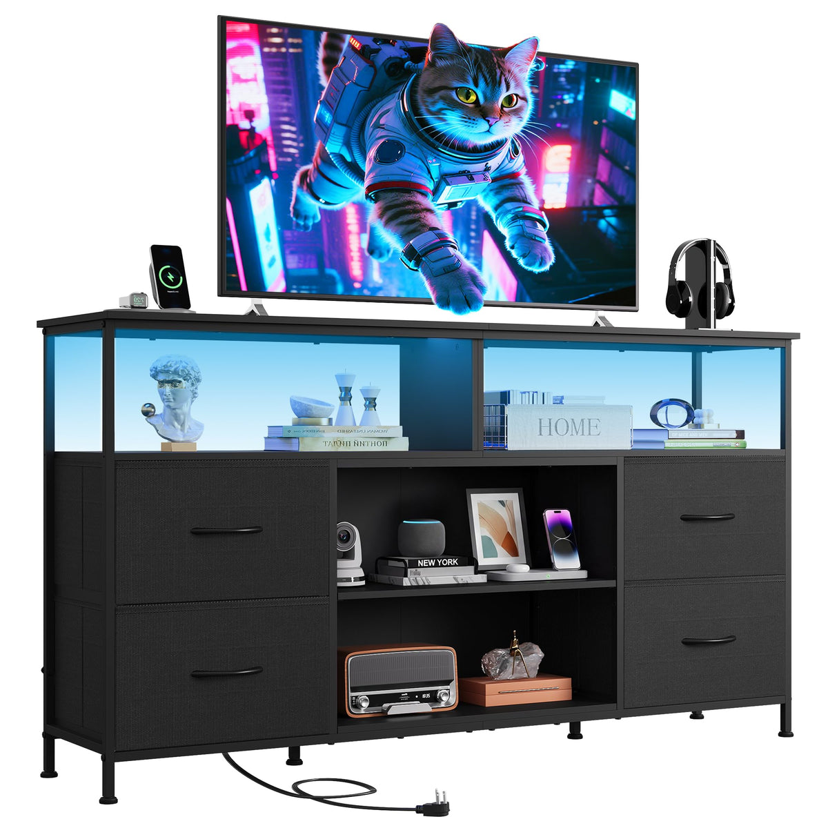 Black TV Stand Dresser with LED Lights and Fabric Drawers U32263