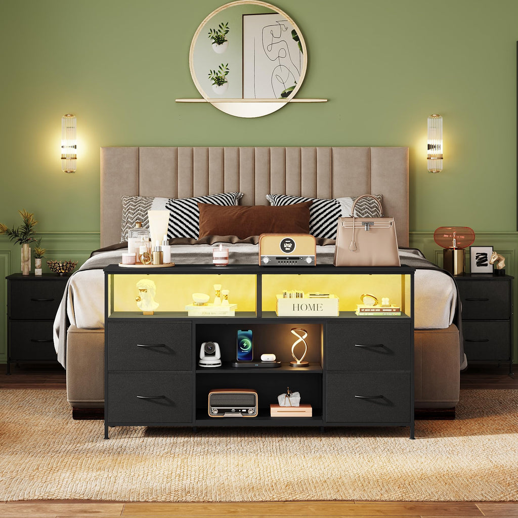 Black TV Stand Dresser with LED Lights and Fabric Drawers U32263