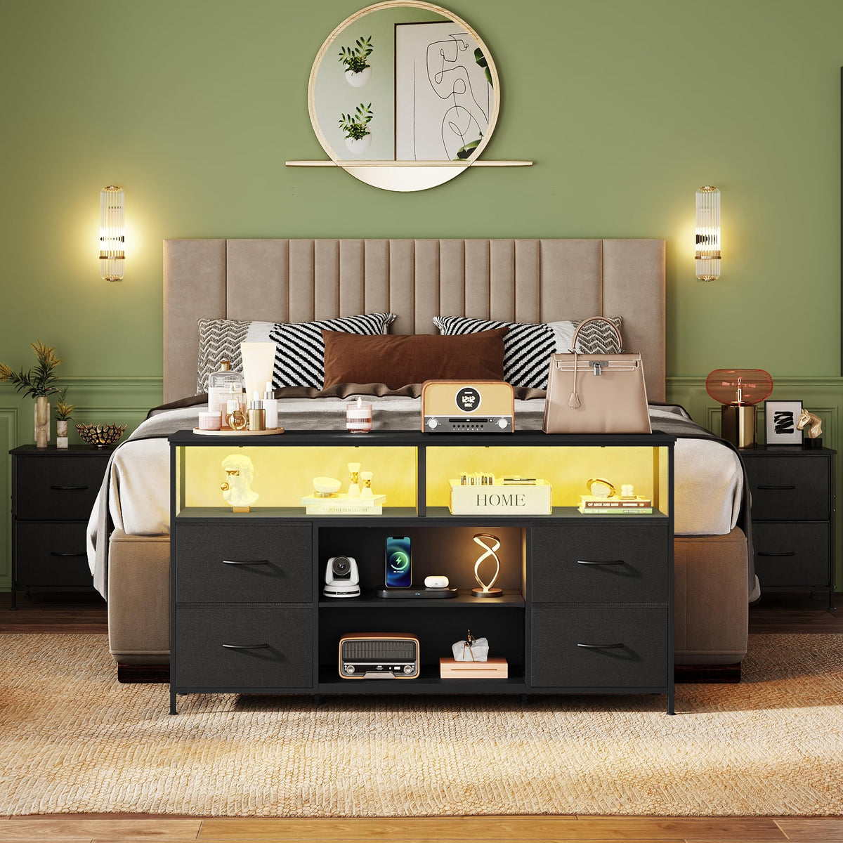 Black TV Stand Dresser with LED Lights and Fabric Drawers U32263