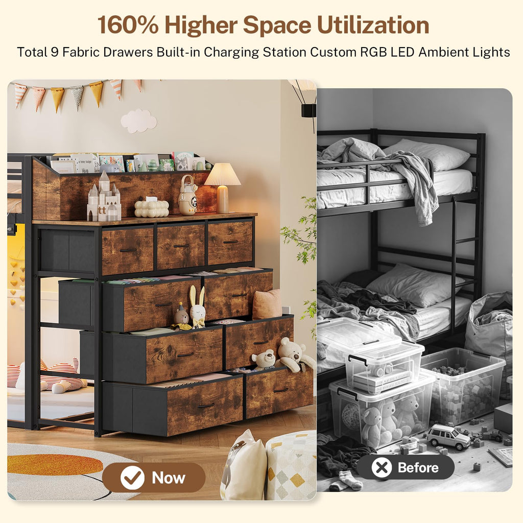 Twin Over Twin Metal Bunk Bed with Storage & LED Lights N248