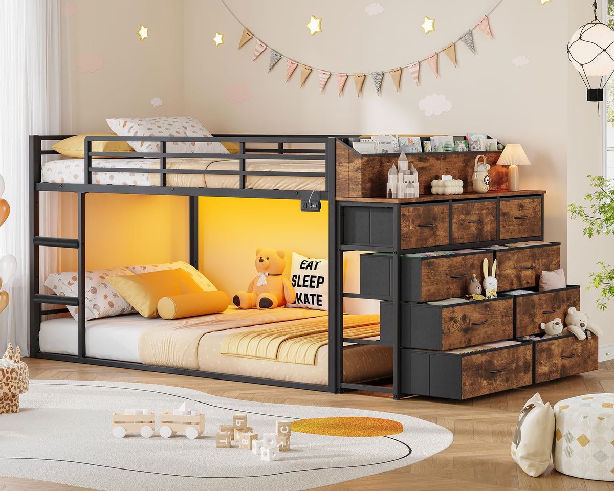 Twin Over Twin Metal Bunk Bed with Storage & LED Lights N248