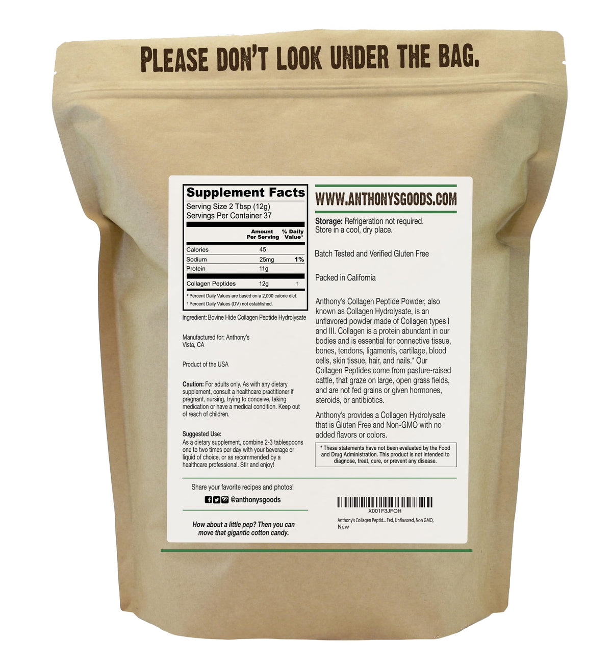 Collagen Peptide Powder, 1 lb, Hydrolyzed, Gluten Free, Grass Fed, Unflavored C733000