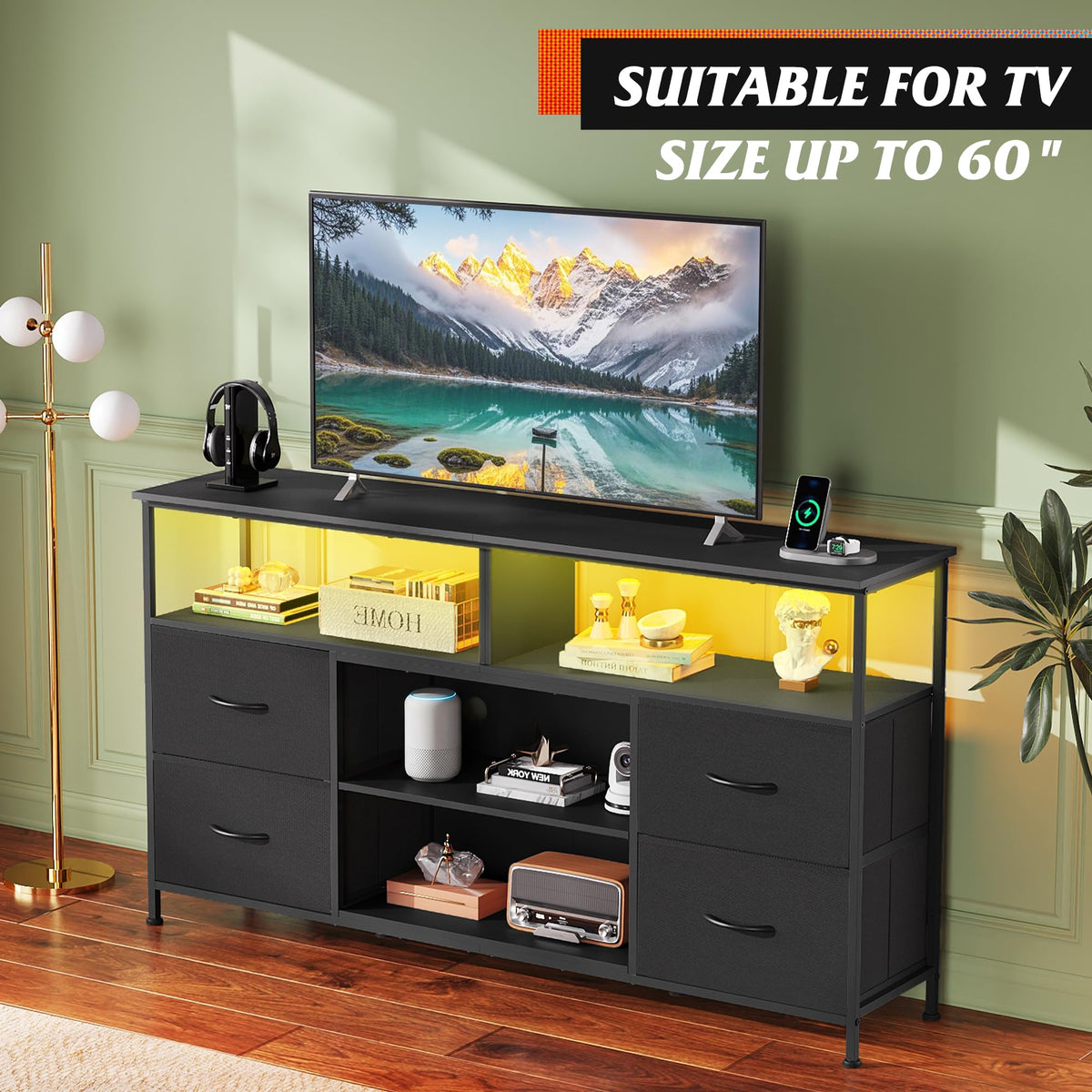 Black TV Stand Dresser with LED Lights and Fabric Drawers U32263