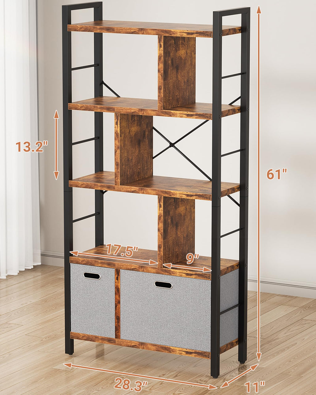 5 Tier Rustic Brown Bookshelf with Drawers Q894
