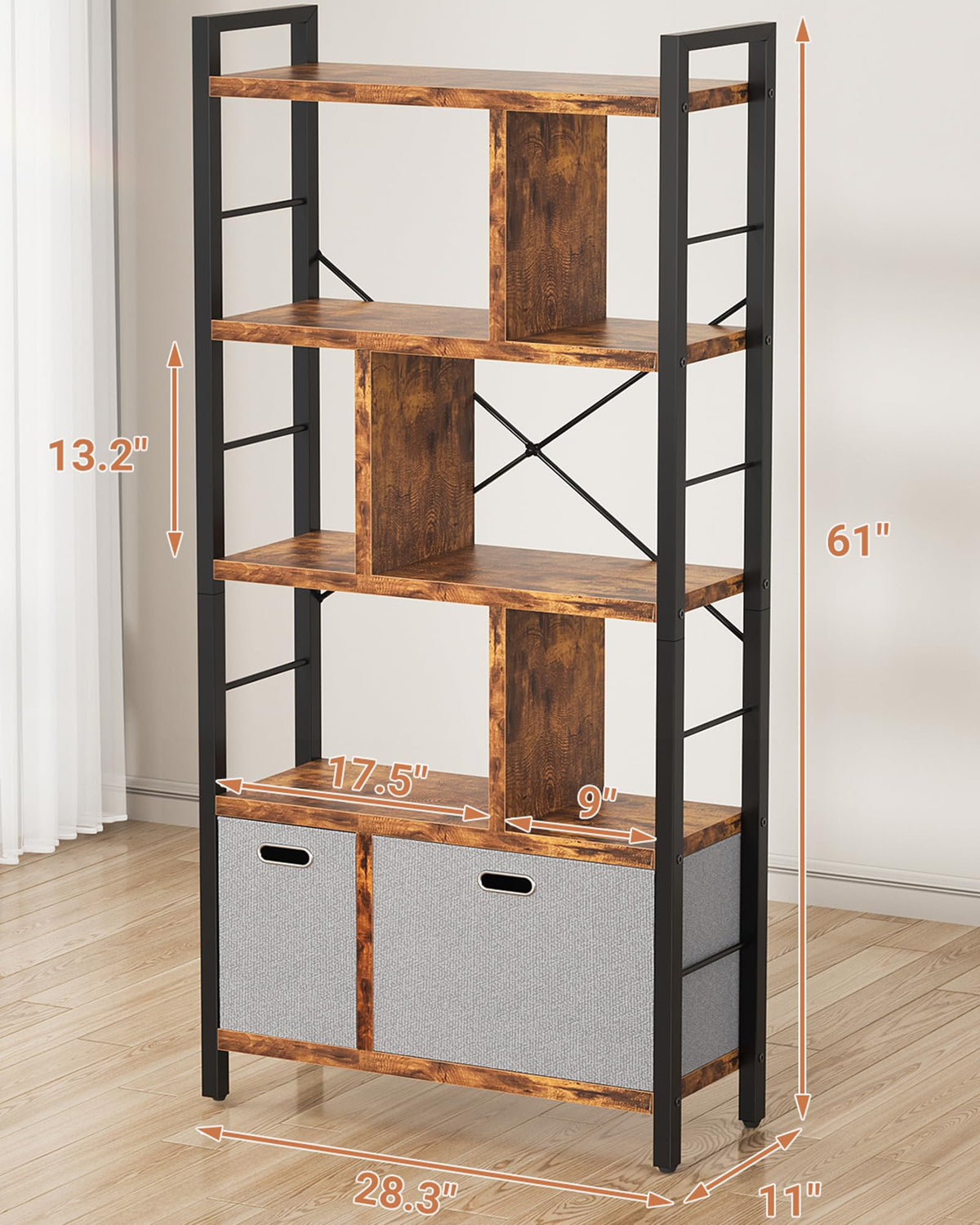 5 Tier Rustic Brown Bookshelf with Drawers Q894