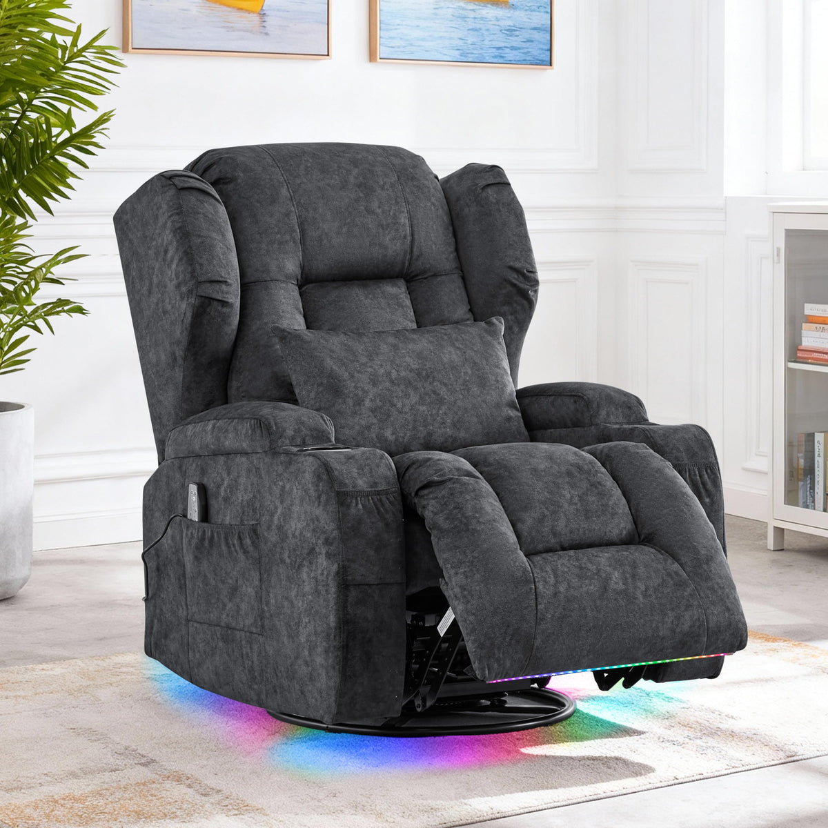 Velvet Gray Power Swivel Rocker Recliner Chair with Massage & Heat J178652