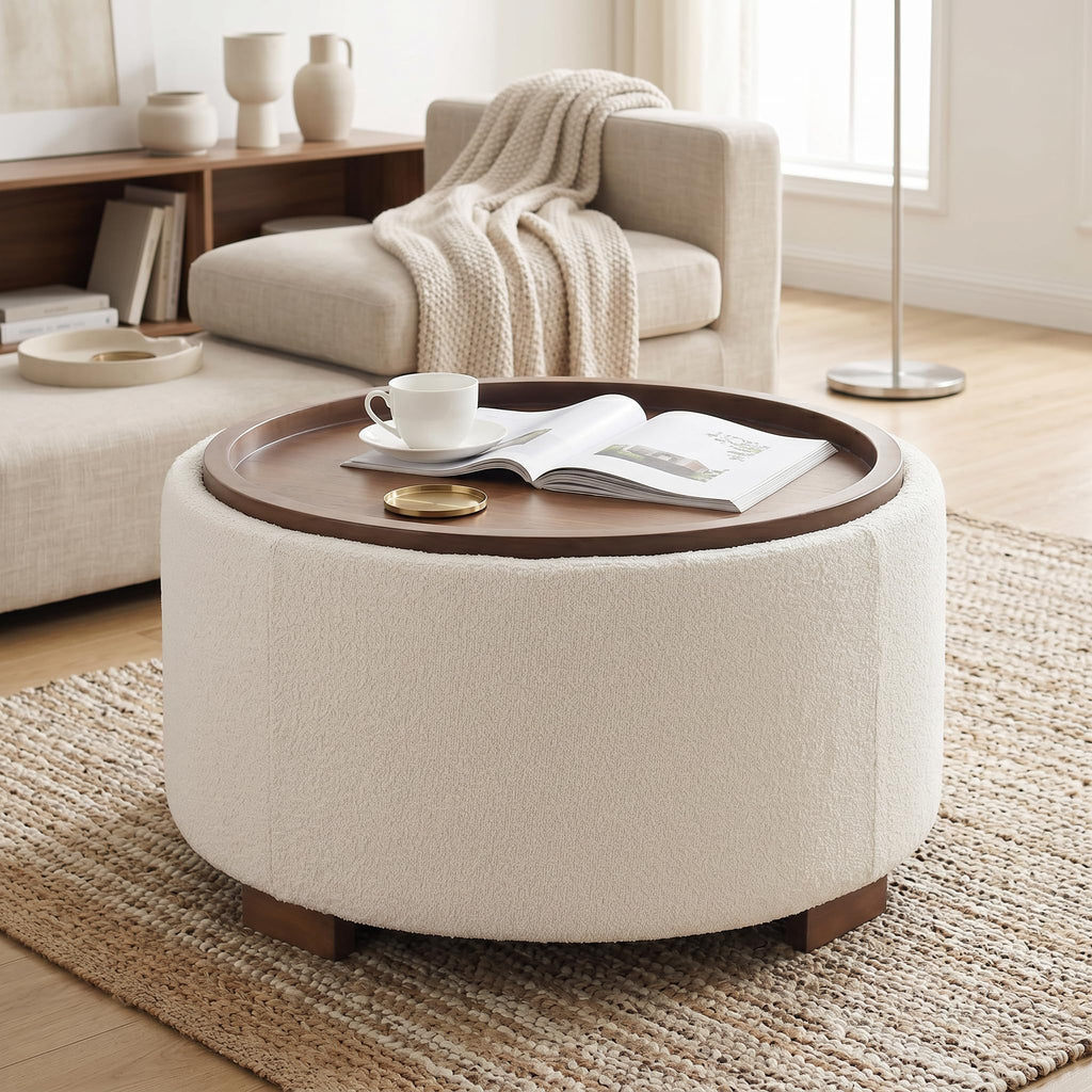 30 Inch Round Boucle Storage Ottoman P401154