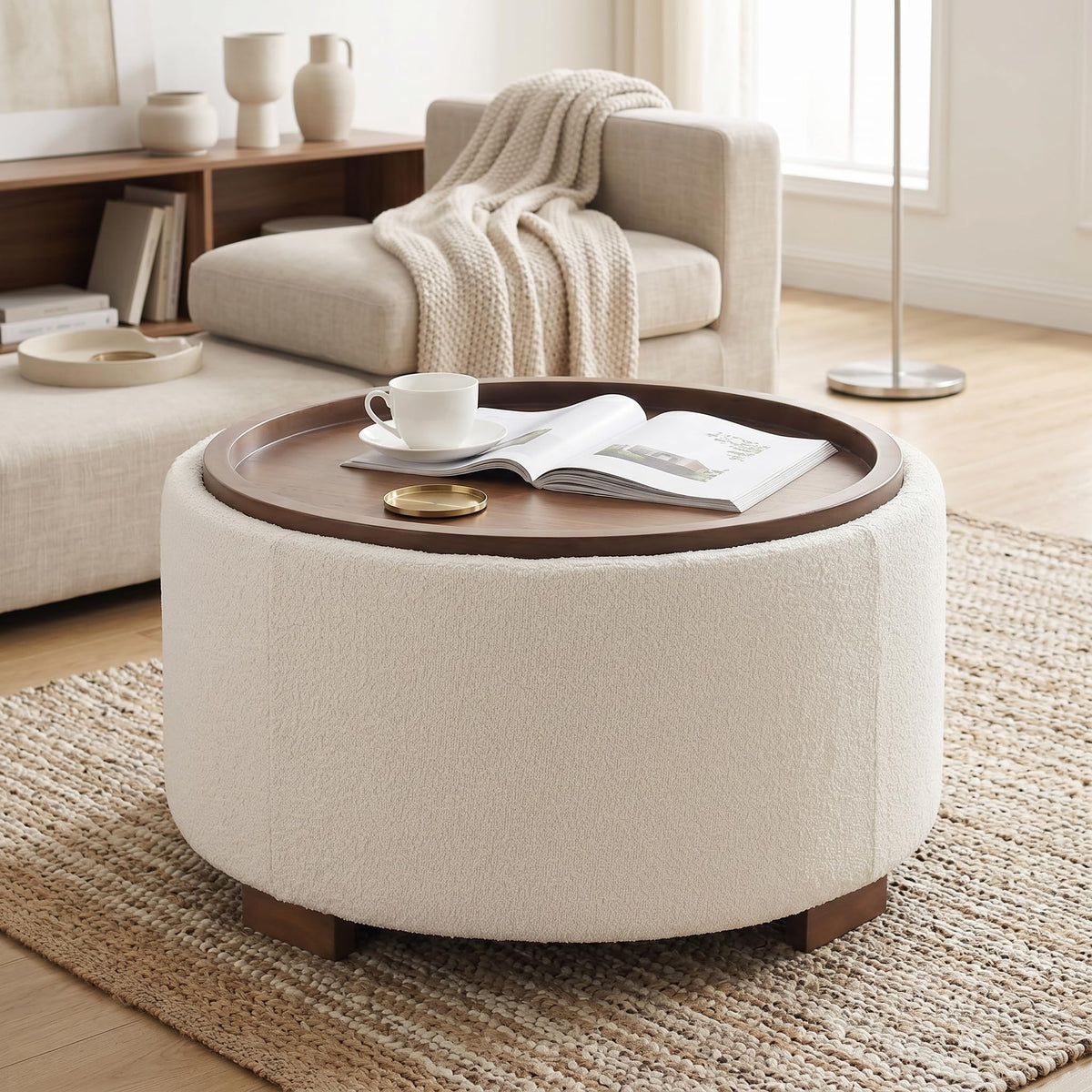 30 Inch Round Boucle Storage Ottoman P401154