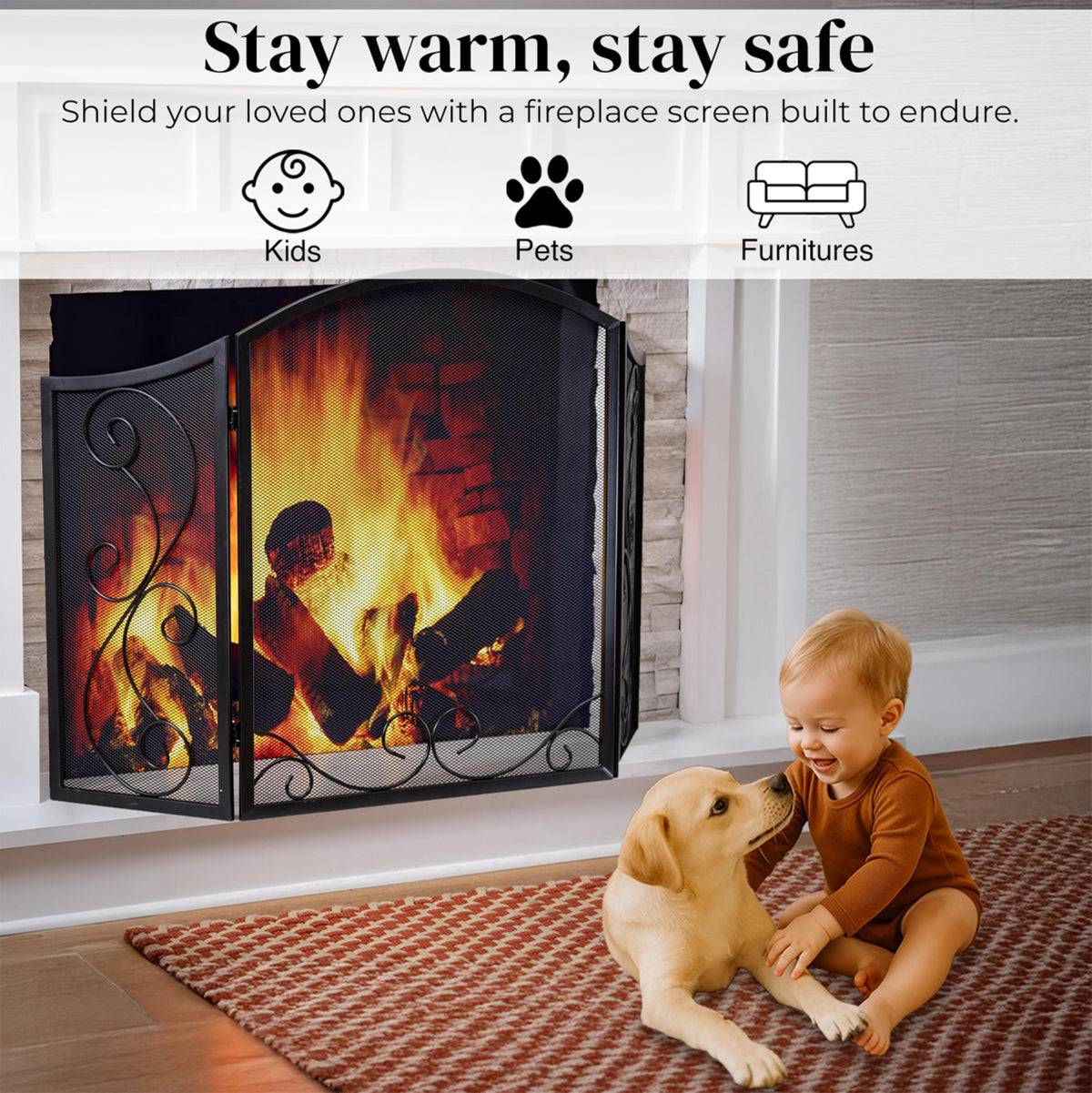 Black Metal Fireplace Screen 3 Panel S600