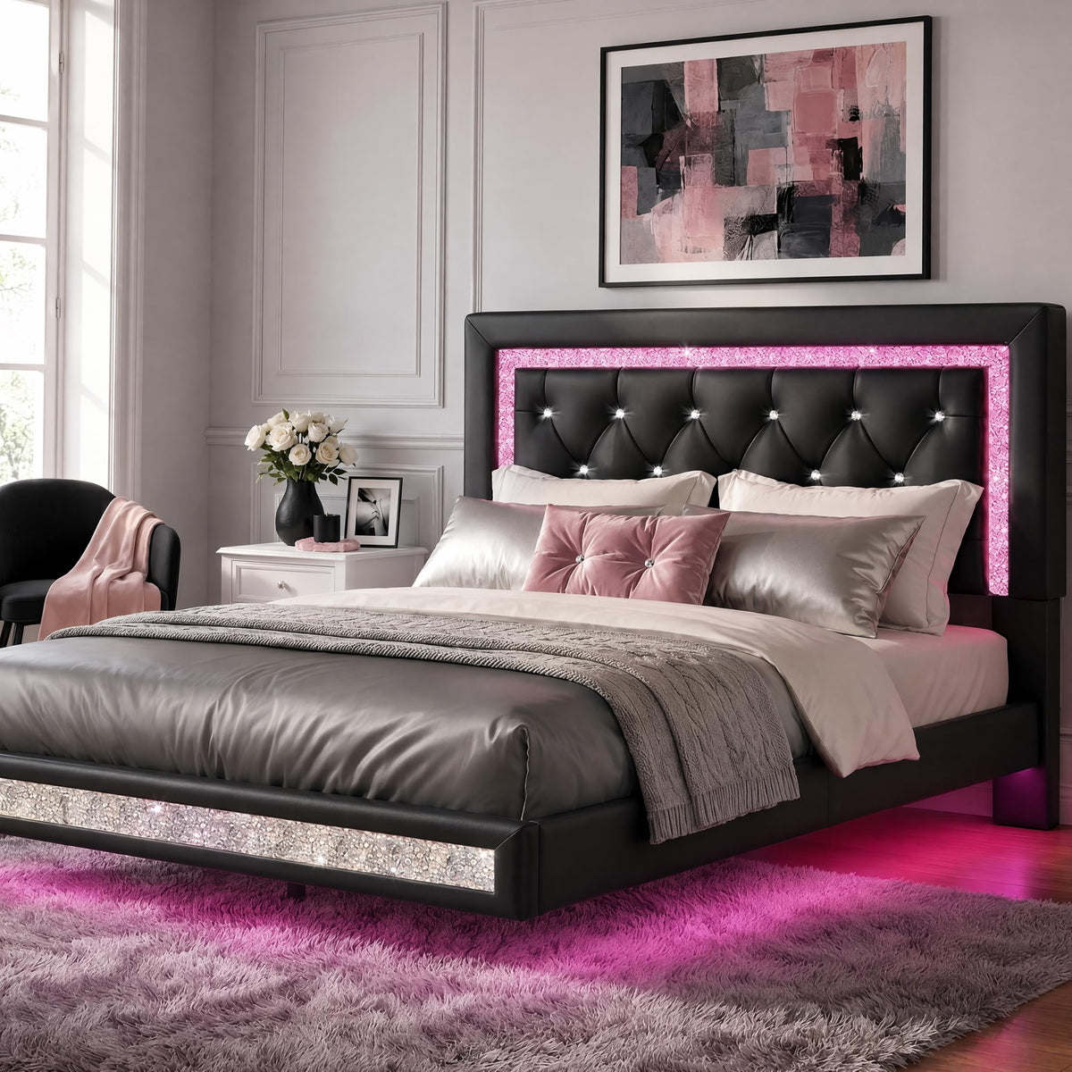 Floating Bed Frame Full with LED Lights W66886