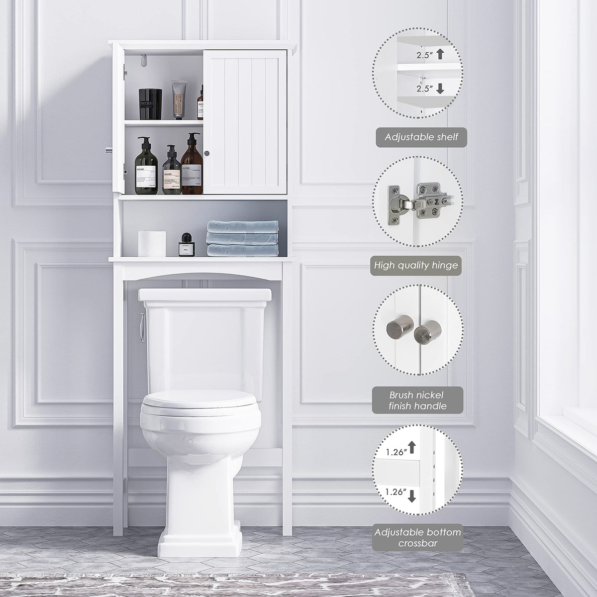 Over the Toilet Storage Cabinet with Doors, Adjustable Shelf, White Y75105