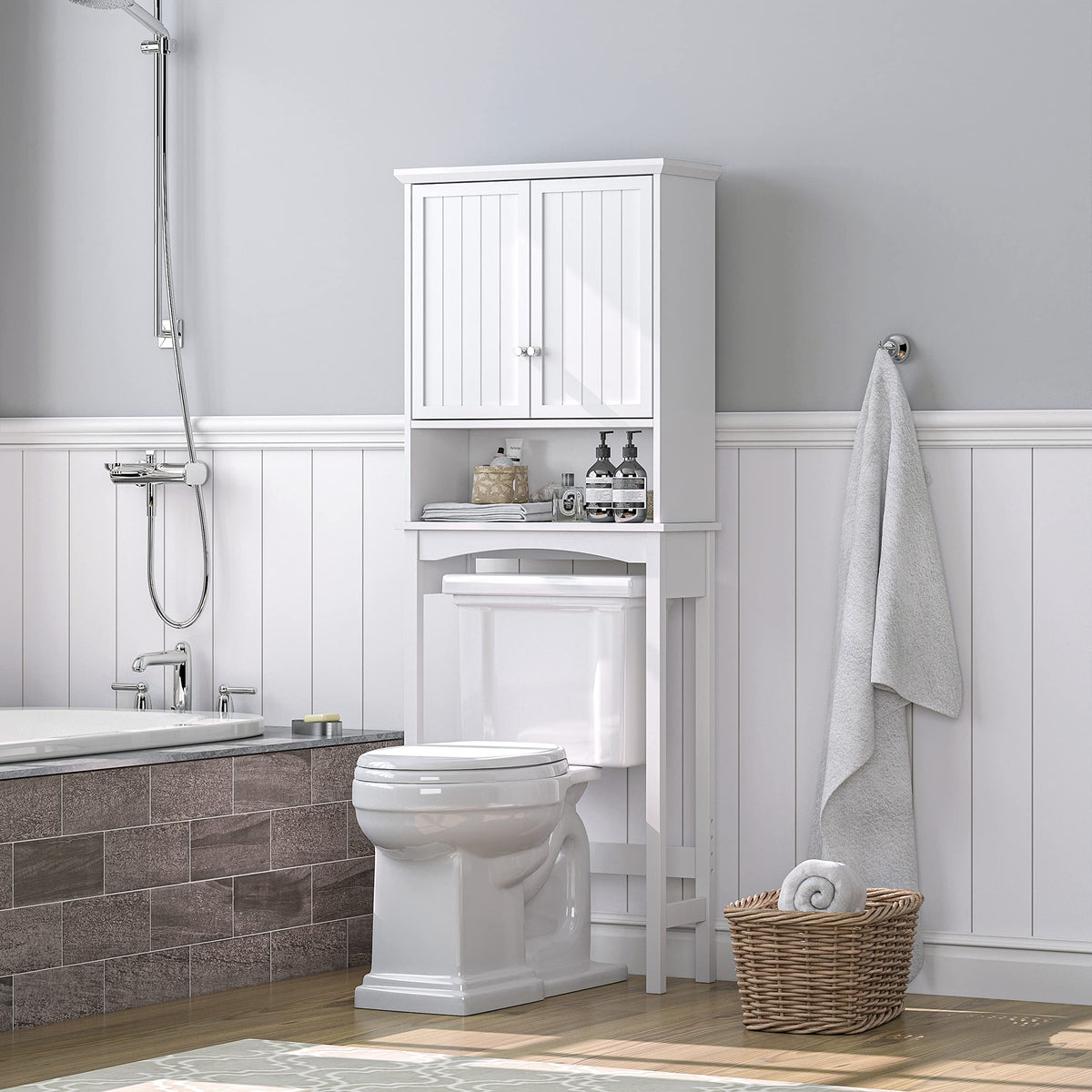 Over the Toilet Storage Cabinet with Doors, Adjustable Shelf, White Y75105