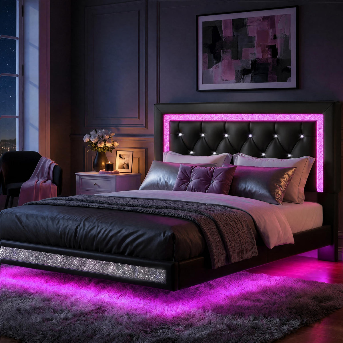 Floating Bed Frame Full with LED Lights W66886