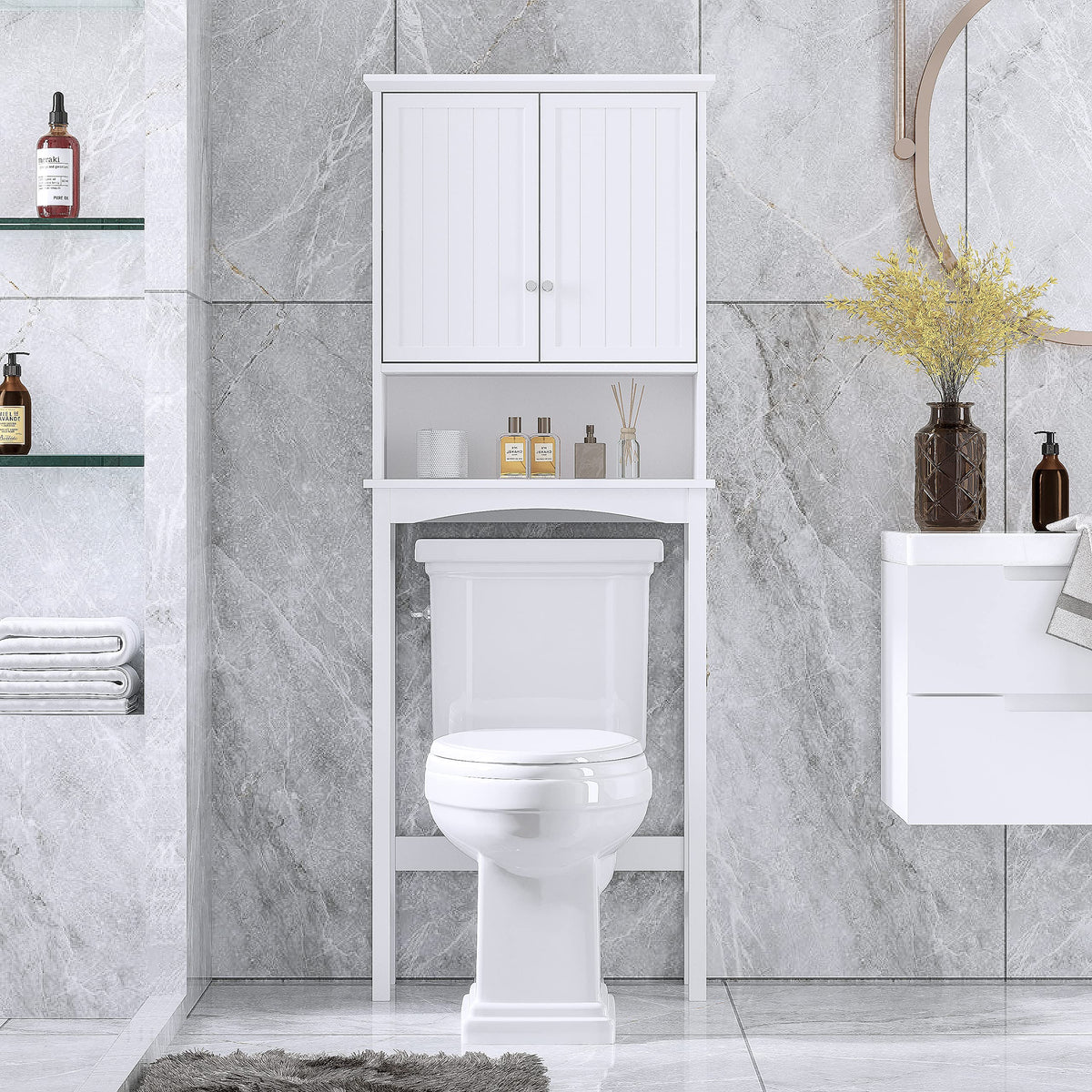 Over the Toilet Storage Cabinet with Doors, Adjustable Shelf, White Y75105