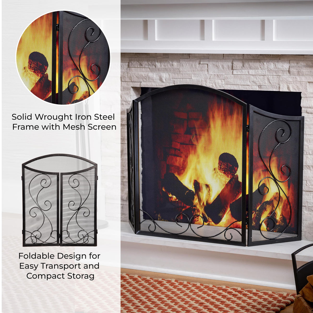 Black Metal Fireplace Screen 3 Panel S600